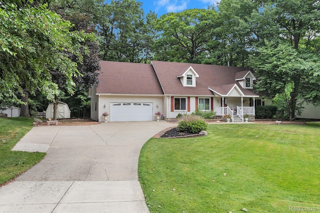 3349 Shimmons Rd, Auburn Hills, MI 48326 - cape cod-style house with a shed, driveway, a porch, a garage, and a front lawn