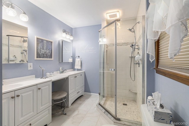 3349 Shimmons Rd, Auburn Hills, MI 48326 - full bath with a shower stall, two vanities, and marble finish flooring
