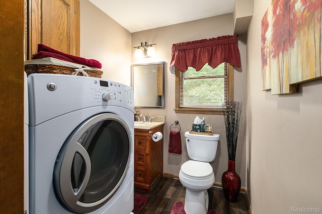 3349 Shimmons Rd, Auburn Hills, MI 48326 - bathroom featuring washer / dryer, wood finished floors, and vanity