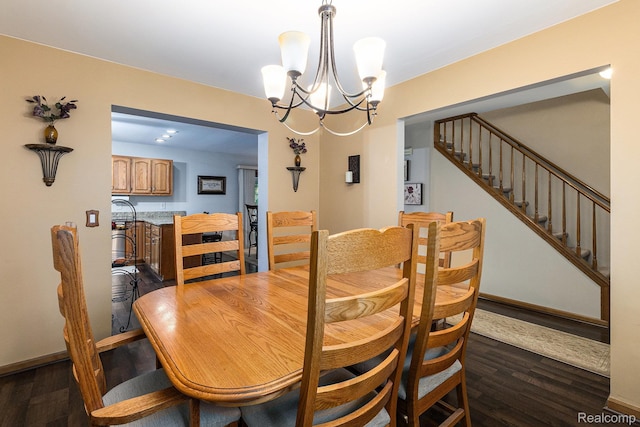 3349 Shimmons Rd, Auburn Hills, MI 48326 - dining area with dark wood finished floors, a chandelier, and stairway