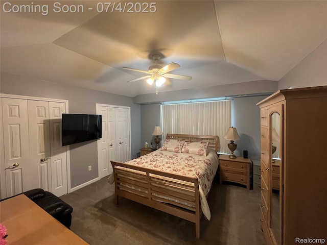 19754 E 14 Mile Rd, Roseville, MI 48066 - bedroom featuring dark carpet, vaulted ceiling, multiple closets, and a ceiling fan