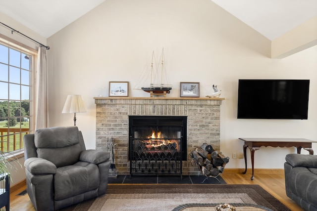 11713 Linderman Rd, Bear Lake, MI 49614 - living room featuring wood finished floors, a fireplace, and high vaulted ceiling