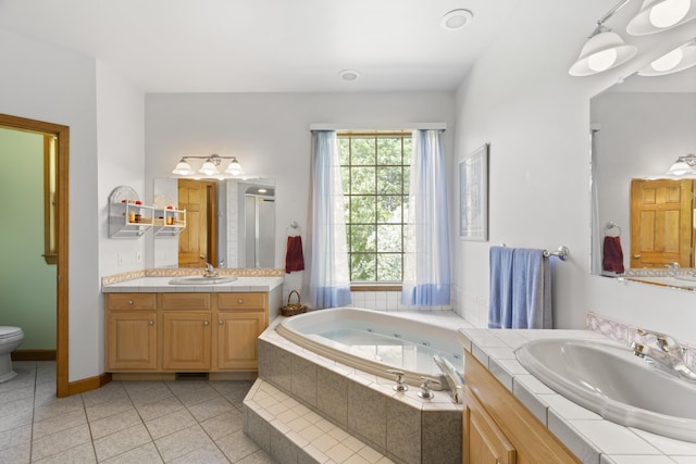 11713 Linderman Rd, Bear Lake, MI 49614 - bathroom with plenty of natural light, two vanities, a jetted tub, and tile patterned floors