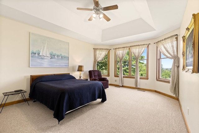11713 Linderman Rd, Bear Lake, MI 49614 - bedroom with light carpet, a raised ceiling, and ceiling fan