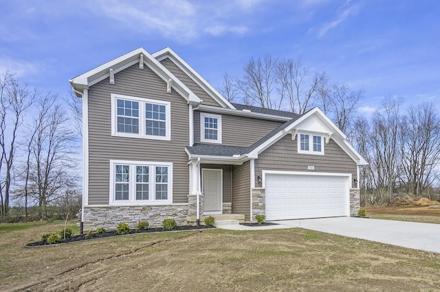 5680 Landrum Trl, Portage, MI 49024 - craftsman inspired home with stone siding, driveway, an attached garage, and a front yard