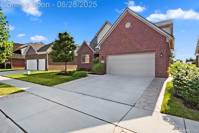 30493 Bradmore Rd, Warren, MI 48092 - traditional-style home with brick siding, concrete driveway, a front lawn, and an attached garage