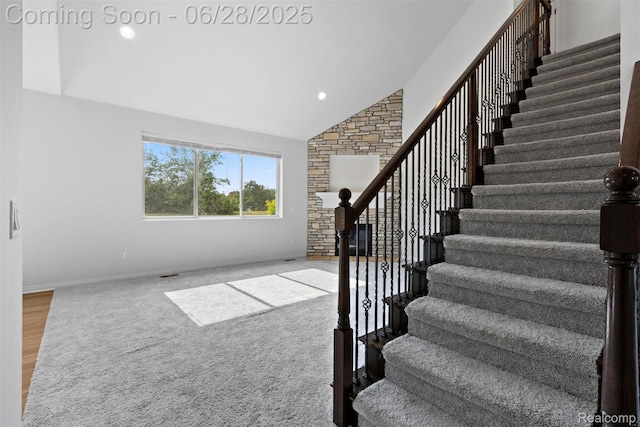 30493 Bradmore Rd, Warren, MI 48092 - staircase featuring vaulted ceiling, recessed lighting, and carpet floors