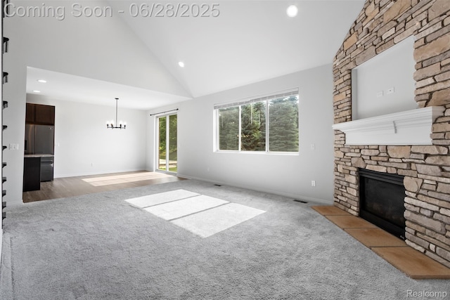 30493 Bradmore Rd, Warren, MI 48092 - unfurnished living room featuring a chandelier, carpet, a fireplace, recessed lighting, and high vaulted ceiling