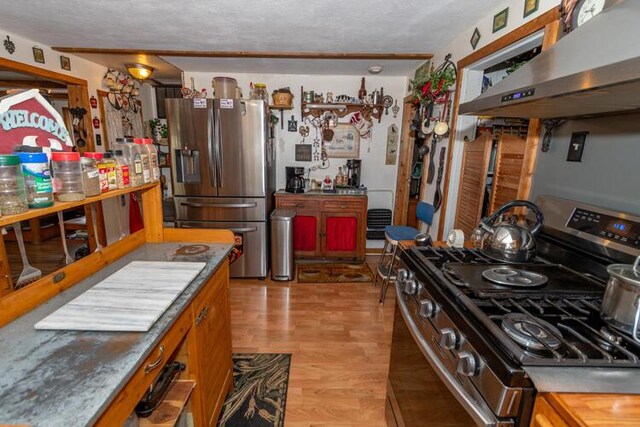 1213 Thomson Rd, Niles, MI 49120 - kitchen featuring stainless steel appliances, extractor fan, light wood-style flooring, and a textured ceiling