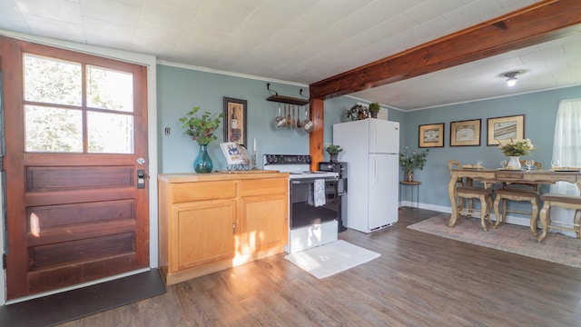 18216 S Schwark Rd, Three Oaks, MI 49128 - kitchen with range with electric cooktop, freestanding refrigerator, wood finished floors, ornamental molding, and beam ceiling