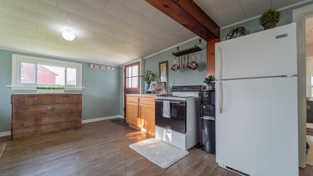18216 S Schwark Rd, Three Oaks, MI 49128 - kitchen featuring white appliances, crown molding, and dark wood finished floors