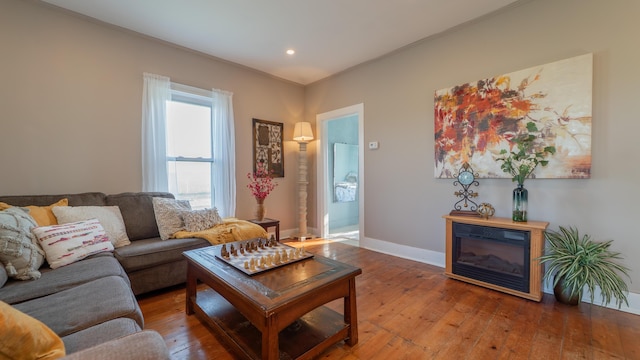 18216 S Schwark Rd, Three Oaks, MI 49128 - living room featuring hardwood / wood-style flooring, ornamental molding, recessed lighting, and a glass covered fireplace