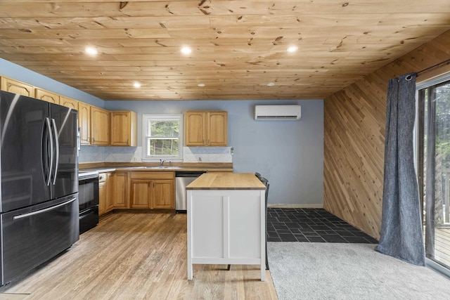 4382 S Vandervoight, Traverse City, MI 49696 - kitchen with freestanding refrigerator, a wall mounted air conditioner, wooden counters, range with electric stovetop, and wooden ceiling