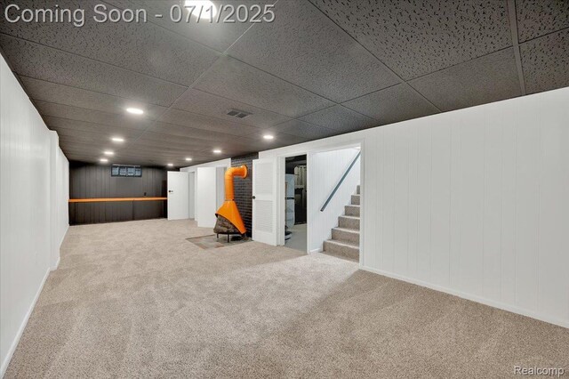 2190 Crescent Lake Rd, Holly, MI 48329 - finished below grade area with carpet, stairway, refrigerator, and recessed lighting