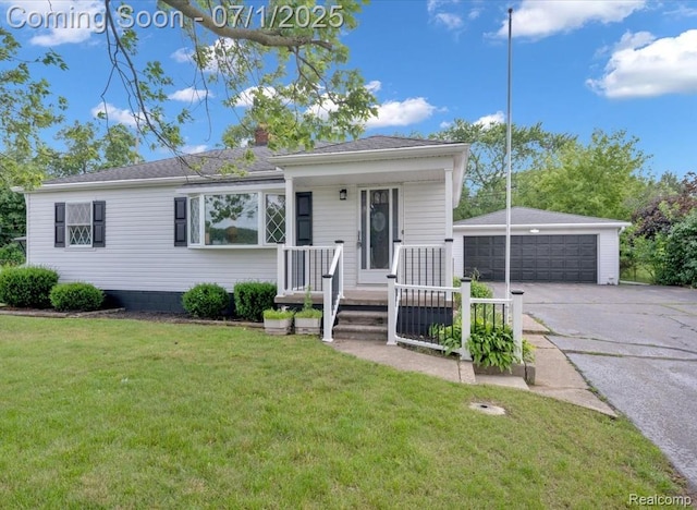 2190 Crescent Lake Rd, Holly, MI 48329 - view of front of home featuring a detached garage, a chimney, a front lawn, and an outbuilding