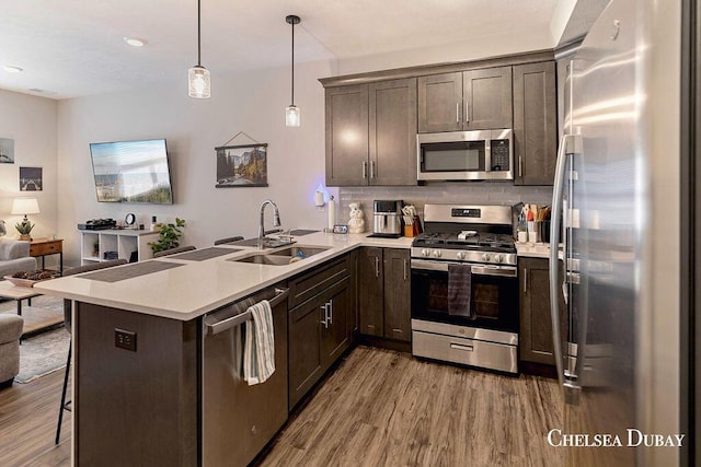 611 Bedford Falls Dr, Sparta, MI 49345 - kitchen featuring appliances with stainless steel finishes, open floor plan, wood finished floors, and dark brown cabinetry