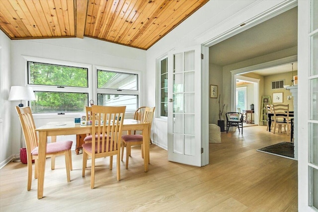 46210 Perkins Blvd, New Buffalo, MI 49117 - dining space featuring french doors, plenty of natural light, light wood-type flooring, wood ceiling, and lofted ceiling
