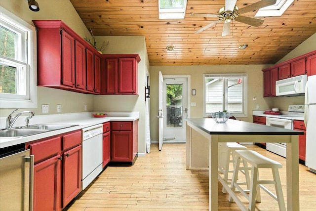 46210 Perkins Blvd, New Buffalo, MI 49117 - kitchen featuring white appliances, a skylight, reddish brown cabinets, healthy amount of natural light, and wooden ceiling