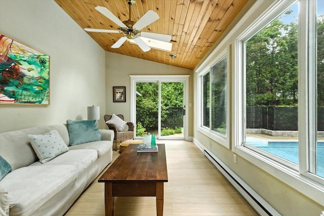 46210 Perkins Blvd, New Buffalo, MI 49117 - living room with a baseboard radiator, wood ceiling, lofted ceiling, light wood-type flooring, and ceiling fan