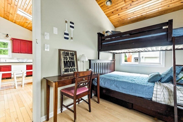 46210 Perkins Blvd, New Buffalo, MI 49117 - bedroom with wood ceiling, light wood finished floors, and high vaulted ceiling