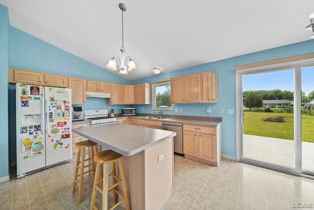 2099 Friar Tuck Cir, Adrian, MI 49221 - kitchen featuring stainless steel appliances, light brown cabinetry, under cabinet range hood, and vaulted ceiling