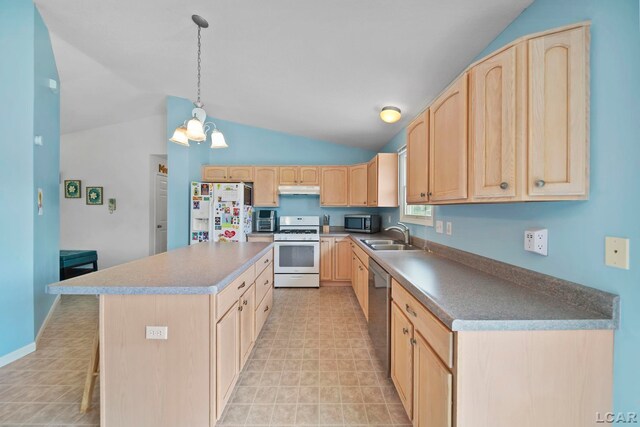 2099 Friar Tuck Cir, Adrian, MI 49221 - kitchen with appliances with stainless steel finishes, light brown cabinets, vaulted ceiling, light flooring, and under cabinet range hood