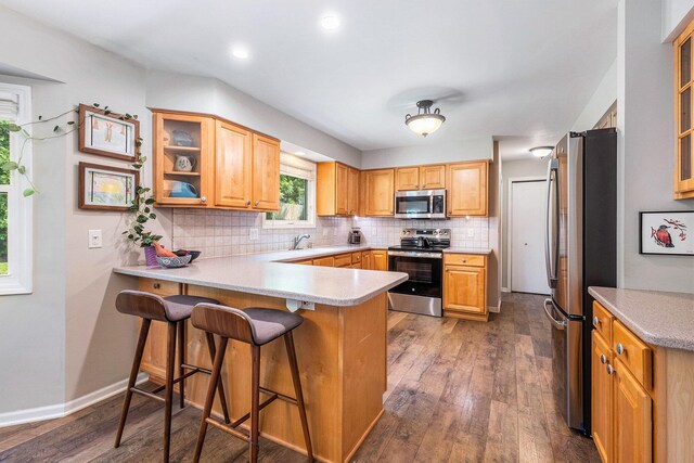 2211 Skyline Dr NW, Grand Rapids, MI 49504 - kitchen with stainless steel appliances, a peninsula, backsplash, dark wood-style floors, and recessed lighting