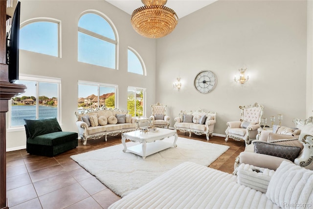 4303 S Lake Ln, Shelby Twp, MI 48316 - living room featuring a high ceiling and tile patterned flooring