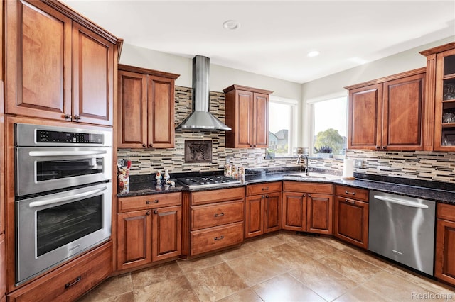 4303 S Lake Ln, Shelby Twp, MI 48316 - kitchen featuring appliances with stainless steel finishes, wall chimney range hood, backsplash, brown cabinetry, and recessed lighting