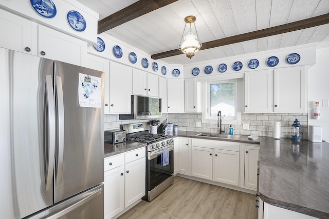 10520 Maple Xing, Canadian Lakes, MI 49346 - kitchen featuring appliances with stainless steel finishes, dark countertops, a wooden ceiling with exposed beams, decorative backsplash, and white cabinetry