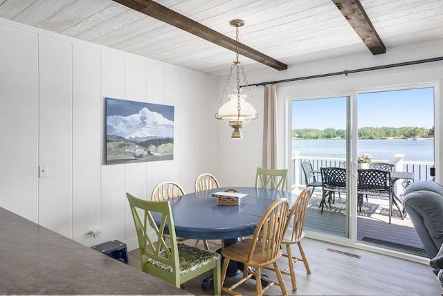 10520 Maple Xing, Canadian Lakes, MI 49346 - dining room with light wood-type flooring, a water view, and a wooden ceiling with exposed beams