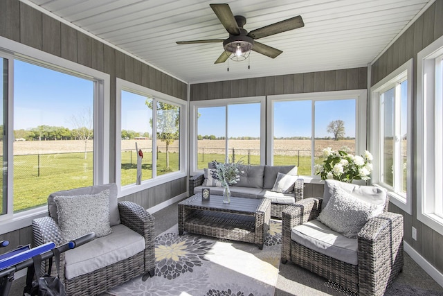 9733 E O Ave, Kalamazoo, MI 49048 - sunroom / solarium with an outdoor hangout area, a ceiling fan, and a rural view