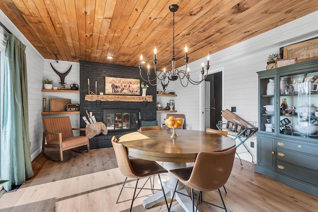 13451 S Waldron Rd, Waldron, MI 49288 - dining area featuring wooden walls, wood-type flooring, a fireplace, and wood ceiling