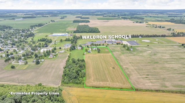 13451 S Waldron Rd, Waldron, MI 49288 - aerial view of property and surrounding area with rural landscape, property boundaries highlighted, and extensive farmland