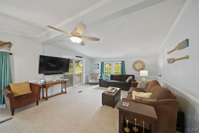 5390 Parkwood Ct, Manitou Beach, MI 49253 - living room featuring carpet flooring, crown molding, a ceiling fan, and vaulted ceiling