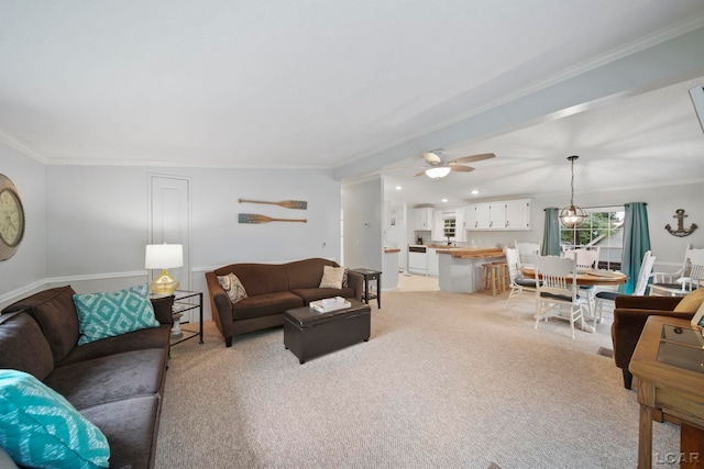 5390 Parkwood Ct, Manitou Beach, MI 49253 - living area featuring ceiling fan, light colored carpet, ornamental molding, and recessed lighting