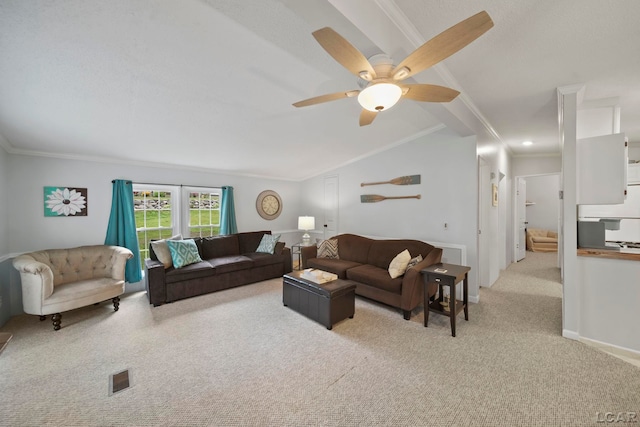 5390 Parkwood Ct, Manitou Beach, MI 49253 - living room featuring light colored carpet, crown molding, and ceiling fan