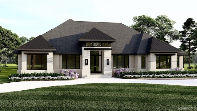 502 Chase Rnch, Bloomfield Hills, MI 48304 - view of front of house with a standing seam roof, a front lawn, a metal roof, and stucco siding