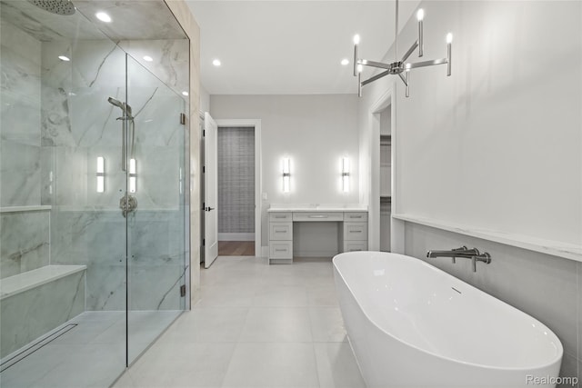 502 Chase Rnch, Bloomfield Hills, MI 48304 - full bath with a marble finish shower, a freestanding bath, vanity, recessed lighting, and tile patterned floors