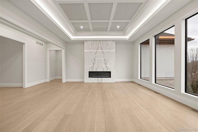 502 Chase Rnch, Bloomfield Hills, MI 48304 - unfurnished living room with light wood-style flooring, a premium fireplace, coffered ceiling, healthy amount of natural light, and recessed lighting