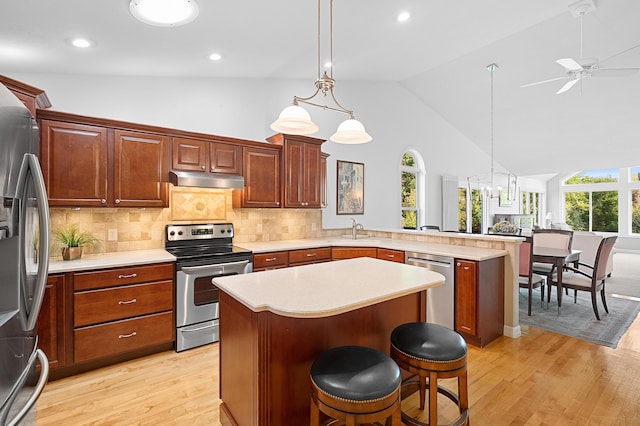 3229 Nighthawk Ln, Battle Creek, MI 49015 - kitchen featuring stainless steel appliances, a peninsula, light wood-type flooring, light countertops, and under cabinet range hood