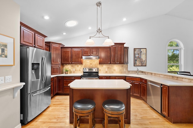 3229 Nighthawk Ln, Battle Creek, MI 49015 - kitchen with stainless steel appliances, vaulted ceiling, a peninsula, under cabinet range hood, and light wood-style flooring