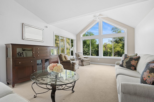 3229 Nighthawk Ln, Battle Creek, MI 49015 - living area featuring lofted ceiling, light colored carpet, and ceiling fan