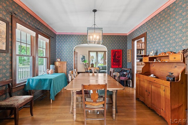 1044 Michigan Ave, Adrian, MI 49221 - dining room featuring ornamental molding, arched walkways, light wood-style floors, healthy amount of natural light, and wallpapered walls