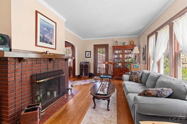 1044 Michigan Ave, Adrian, MI 49221 - living room featuring ornamental molding, wood finished floors, arched walkways, and a fireplace