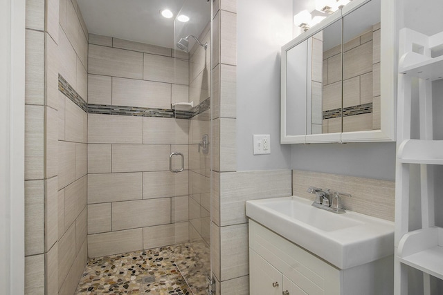 2375 Pontiac Trl, Ann Arbor, MI 48105 - full bathroom featuring a stall shower, vanity, and tile walls