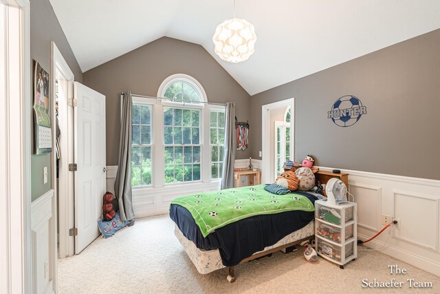5264 Deverman Ct NE, Lowell, MI 49331 - bedroom featuring vaulted ceiling, a wainscoted wall, carpet flooring, and a decorative wall