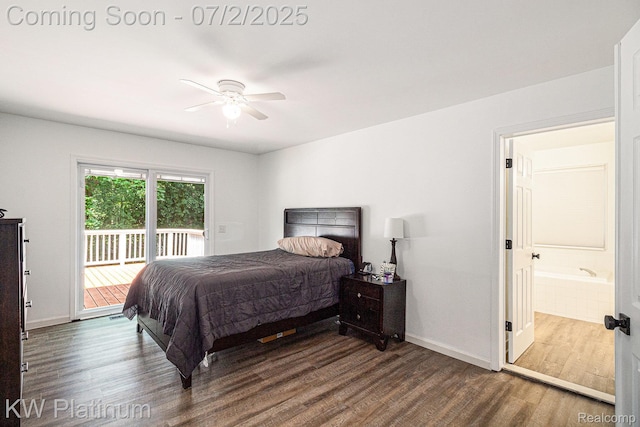 3708 Eaton Gate Ln, Auburn Hills, MI 48326 - bedroom featuring access to exterior, wood finished floors, ceiling fan, and ensuite bath