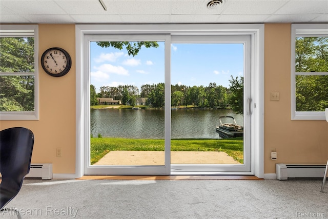 6600 W Shore Dr, Weidman, MI 48893 - entryway featuring baseboard heating, a water view, a baseboard radiator, and a paneled ceiling