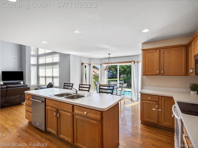 39104 Devonshire Ct, Harrison Township, MI 48045 - kitchen featuring electric stove, dishwasher, light wood-style floors, light countertops, and recessed lighting